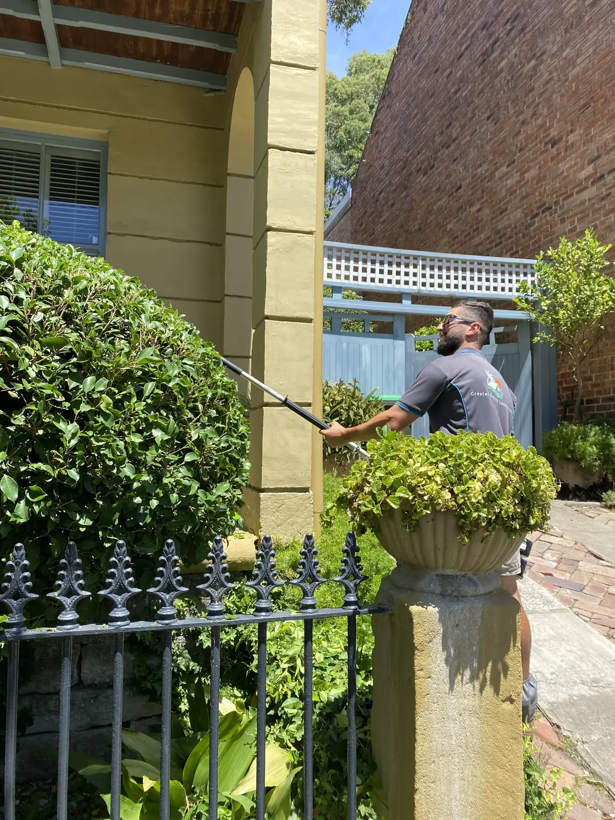 Hedge trimming Hornsby — trimming a hedge beside a heritage iron fence