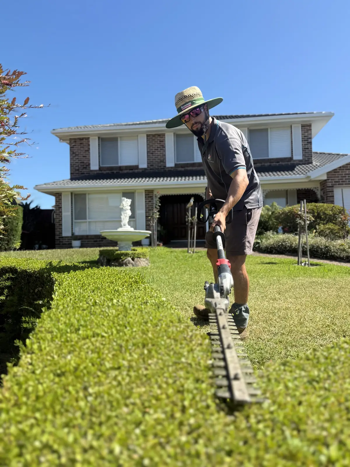 Hedge trimming in The Hills — Greater Sydney Landscapes crew shaping a front boundary hedge
