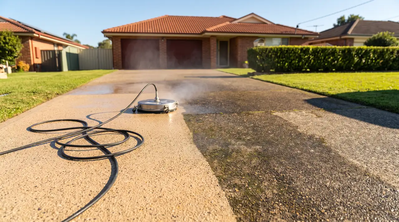 Pressure washing Sydney — driveway half cleaned showing the difference high pressure washing makes