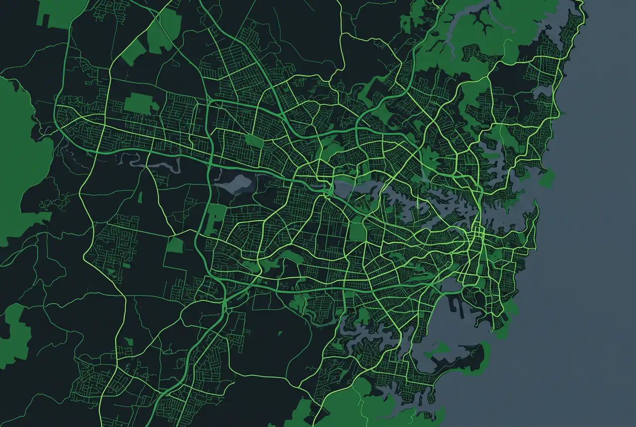 Stylised map of Greater Sydney showing the Greater Sydney Landscapes service area — Toongabbie, Parramatta, Blacktown, The Hills, Hornsby, Dural, Inner West and Sydney
